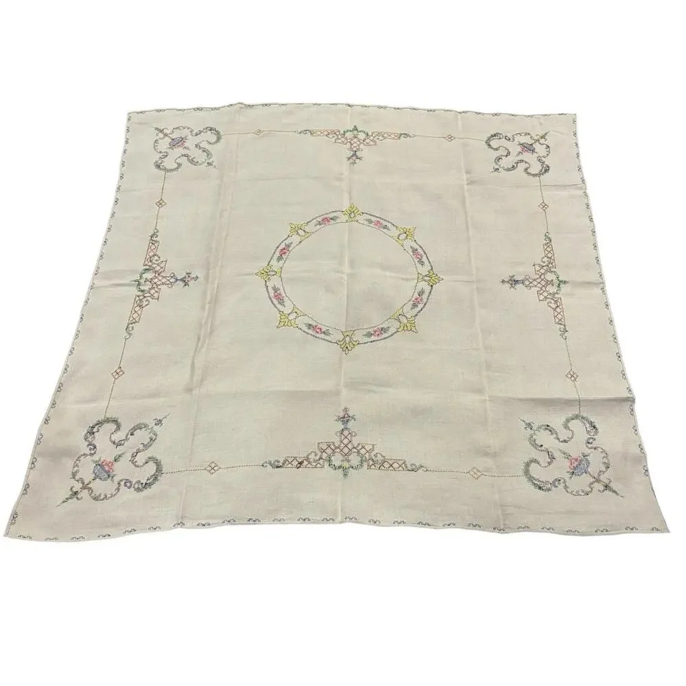 Vintage Hand Embroidered Bridge Card Tablecloth 33.5